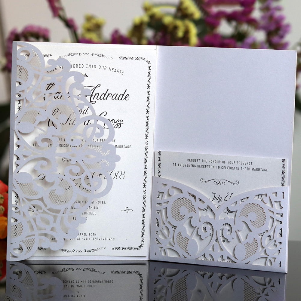 Bride and Groom Tri Fold Laser Cut Wedding Invitation Card Envelope Black White 