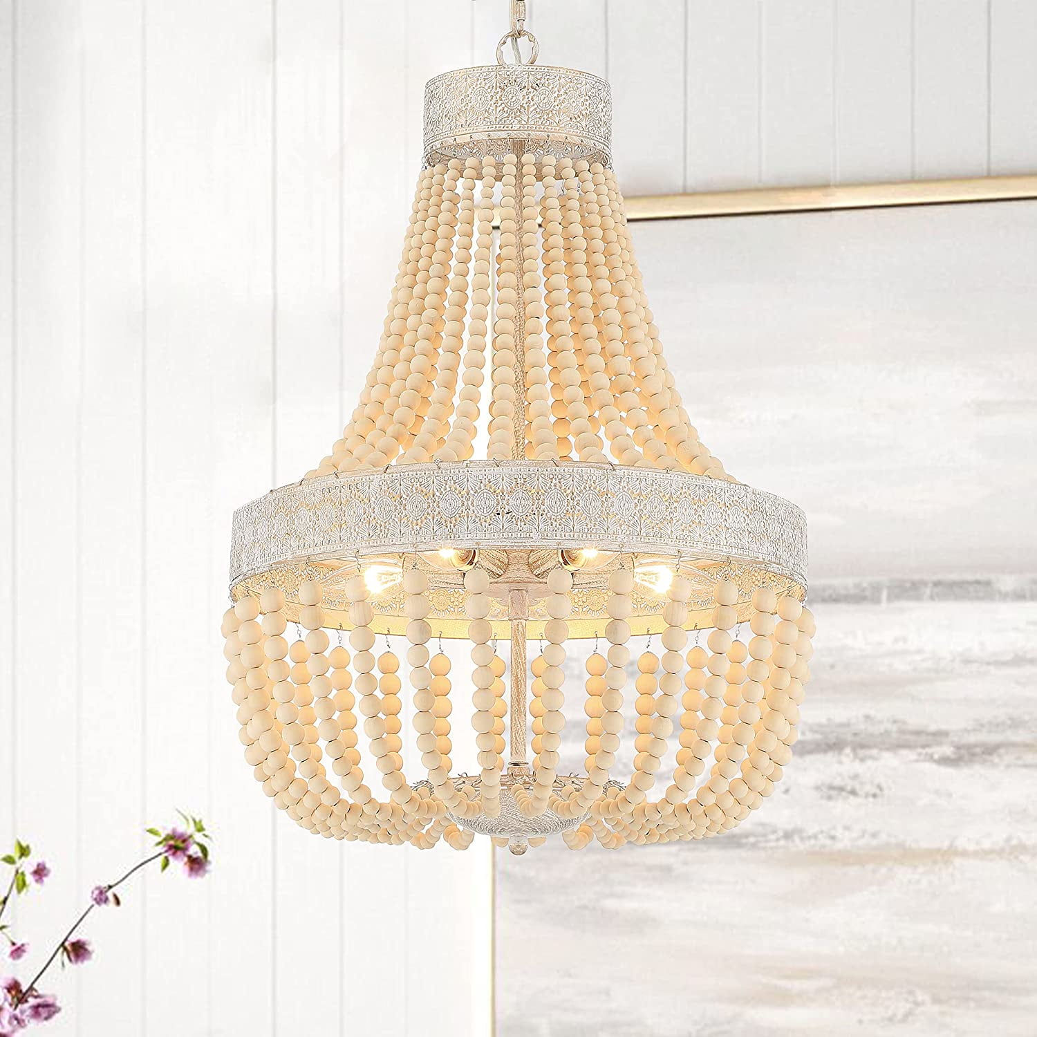 Handmade Beaded White & Gold 5-Light Empire Chandelier
