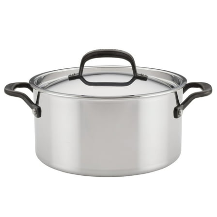 KitchenAid 5-Ply Clad 6 Quart Stainless Steel Induction Stockpot with Lid, Dishwasher Safe, Metal Utensil, Broiler and Oven Safe to 500°F, Polished Stainless Steel