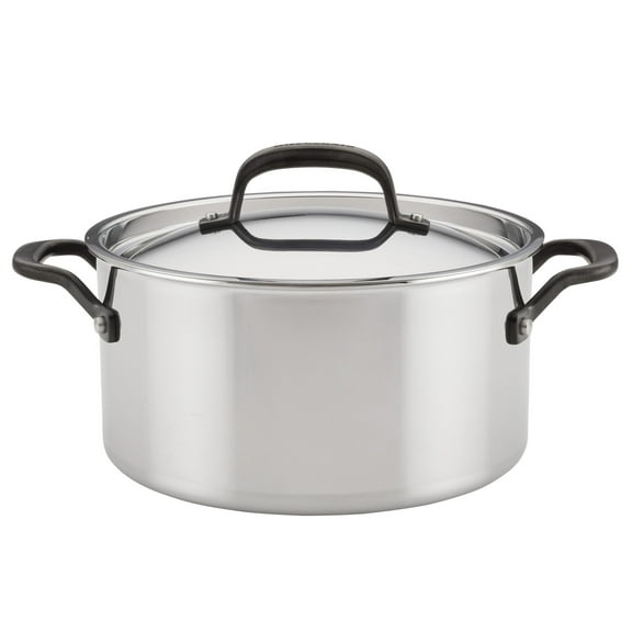 KitchenAid 5-Ply Clad 6 Quart Stainless Steel Induction Stockpot with Lid, Dishwasher Safe, Metal Utensil, Broiler and Oven Safe to 500°F, Polished Stainless Steel