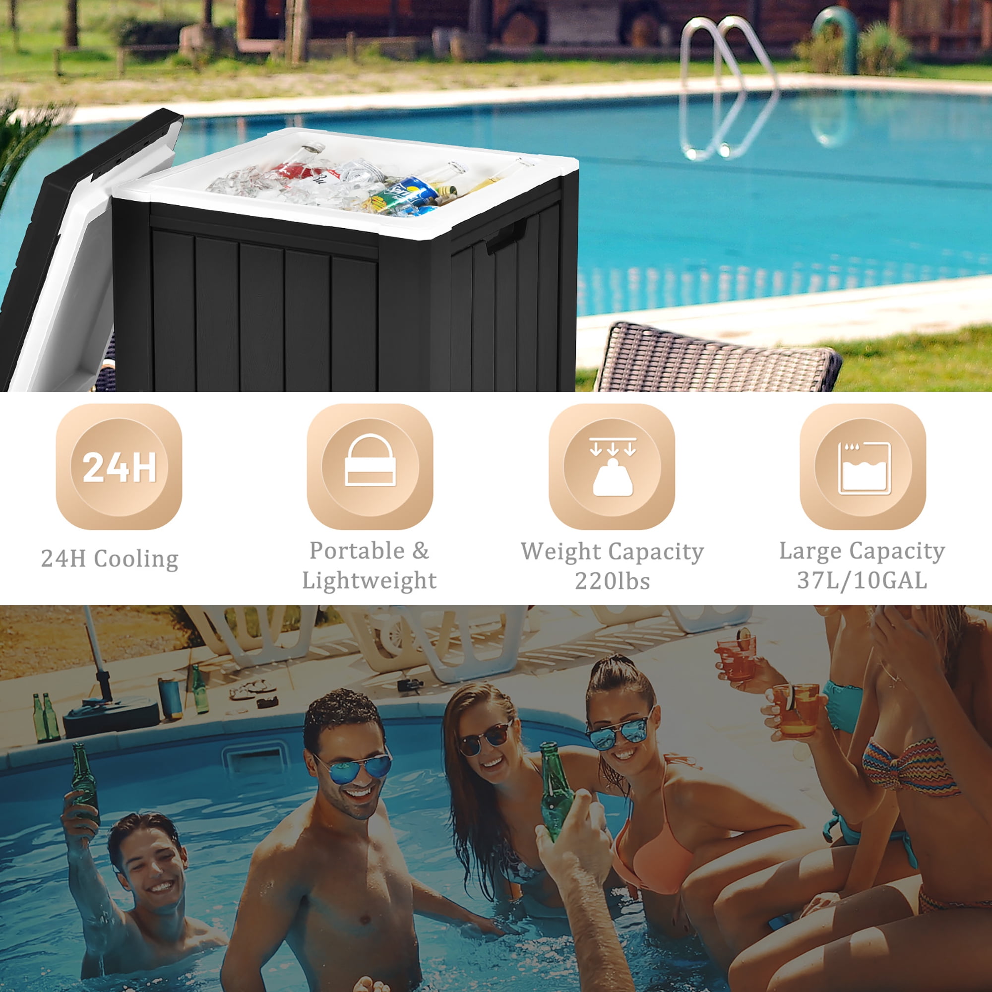 Costway 10 Gallon Ice Cooler w/ Built-in Handles and Detachable Lid Black