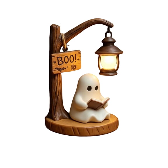 Cute Ghost Reading Lantern- Boo Sign Ghost Reading Book Resin Lamp, Halloween Cute 3D LED Warm Night Light, Indoor Fall Harvest Spooky Desktop Mantel Bookshelf Decor, Ideal Bedroom Table Holiday Gift