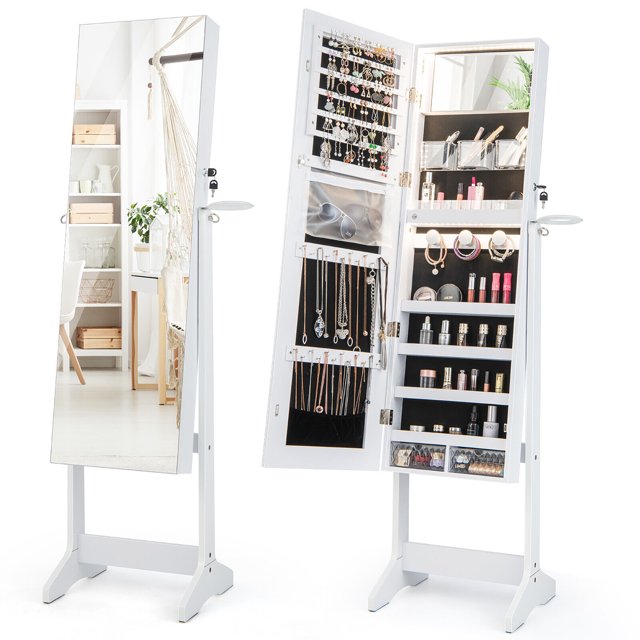 Gymax Standing Jewelry Cabinet Full Length Mirror Lockable w/ 3-Color LED Lights White