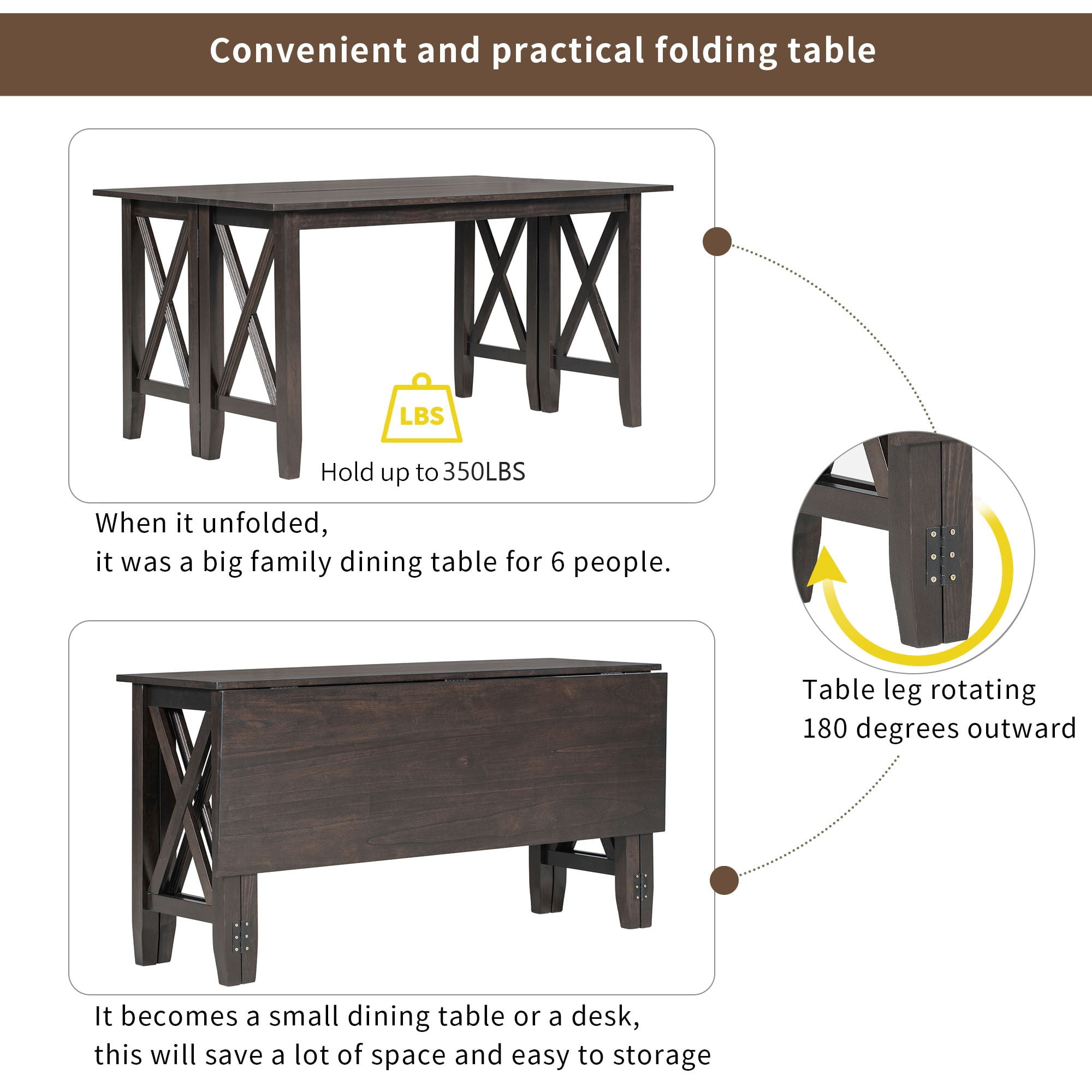 Howcool 6-Piece Solid Wood Dining Set, Space Saving Foldable Table, 4 Chairs & Bench, Espresso