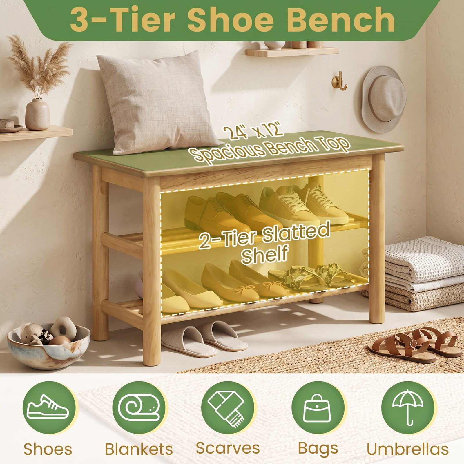 Furnibear 3-Tier Rubberwood Shoe Rack Bench with Wide Seat and Slatted Storage Shelves for Entryway Bedroom and Living Room, Natural