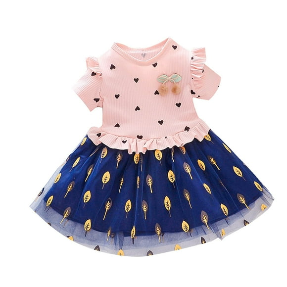 Zpanxa Robe Style Deux Pièces pour Tout-Petites Filles, Tricot de Coton, Imprimé Cœur, Haut à Manches Courtes, Robe de Fête Décontractée, Rose, 5-6 Ans