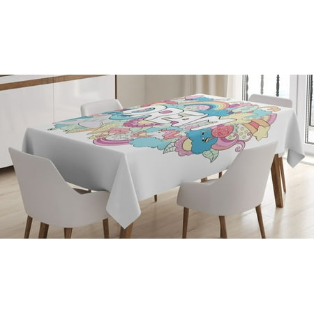

Unicorn Party Tablecloth Colorful Cartoon Style Childish Elements Dream Lettering Doodle Illustration Rectangular Table Cover for Dining Room Kitchen 52 X 70 Inches Multicolor by Ambesonne