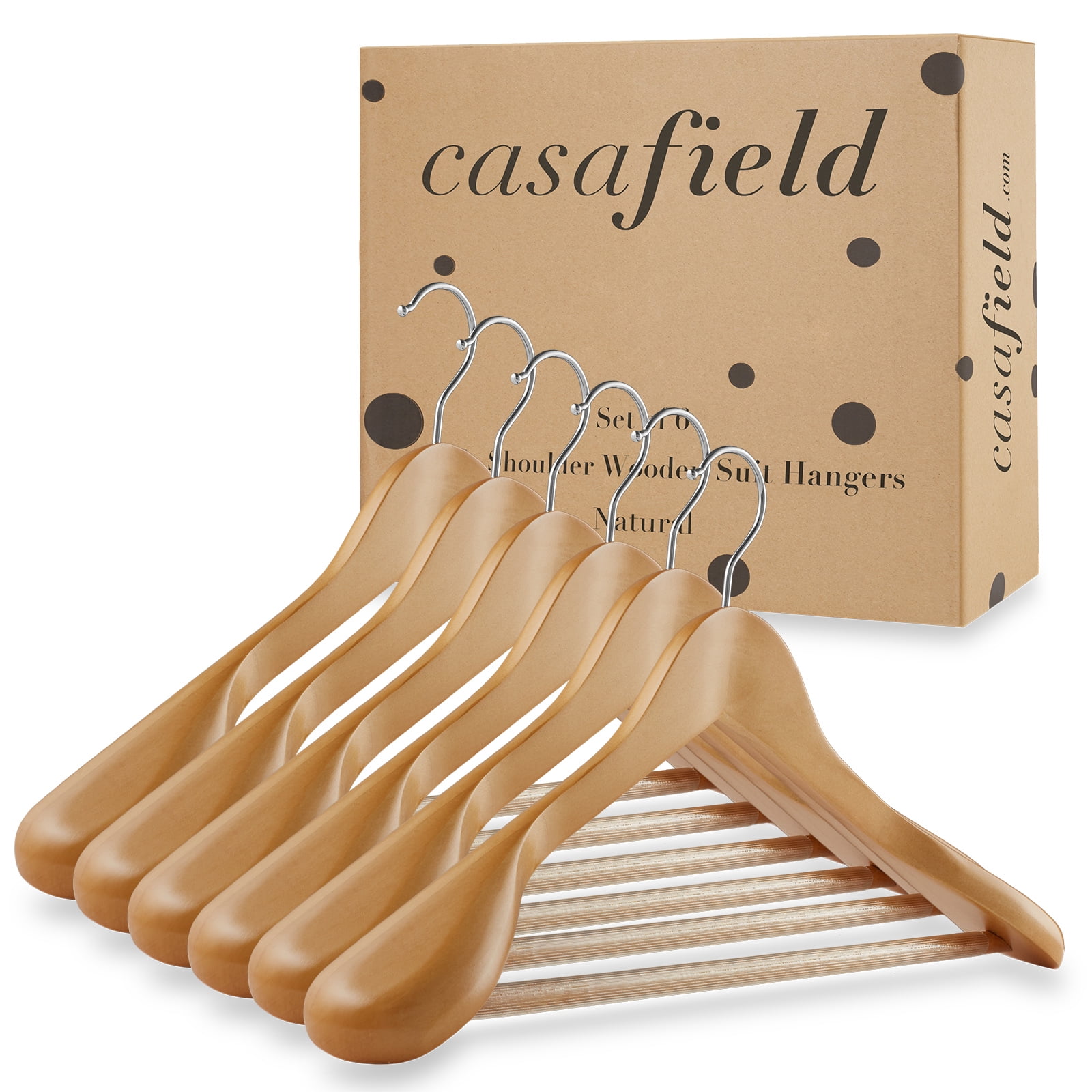 Casafield 6 Wide Shoulder Wooden Suit Hangers, Natural - Non-Slip Pant Bar & Swivel Hook