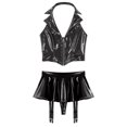 thumbnail image 3 of Doomiva Women's Sexy Wet Look Leather Lingerie Outfits Halter Lapel Crop Vest Top with Miniskirts Black 3XL, 3 of 6