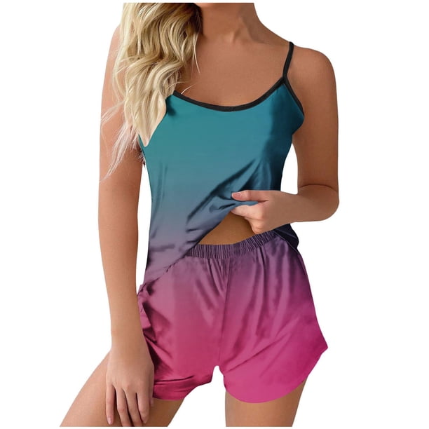 Sexy Pijama Conjunto para las Mujeres Gradiente Eslinga sin Mangas Tanque Empalme Pantalones Cortos Casual Pijamas Conjunto, Poliéster