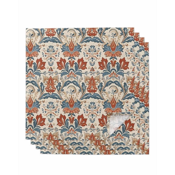 Boho Floral Cloth Napkins Set of 4 Reusable Dinner Napkins, Farmhouse Vintage Red Blue Flower Plant Cocktail Napkin Washable Table Napkins for Wedding/Holiday Party/Baby Shower 20"x20"