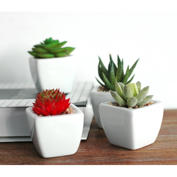 K-Cliffs Set of 4 Mini Faux Succulents in White Squared Ceramic Pots, 4, 2 L x 2 W x 2 H inches, 2lbs