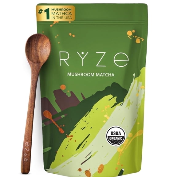 RYZE Mushroom Matcha USDA Organic with 6 Adaptogenic Mushrooms for Energy, Focus, Digestion, Immunity with Turkey Tail, Lions Mane, Reishi, 30 Serving