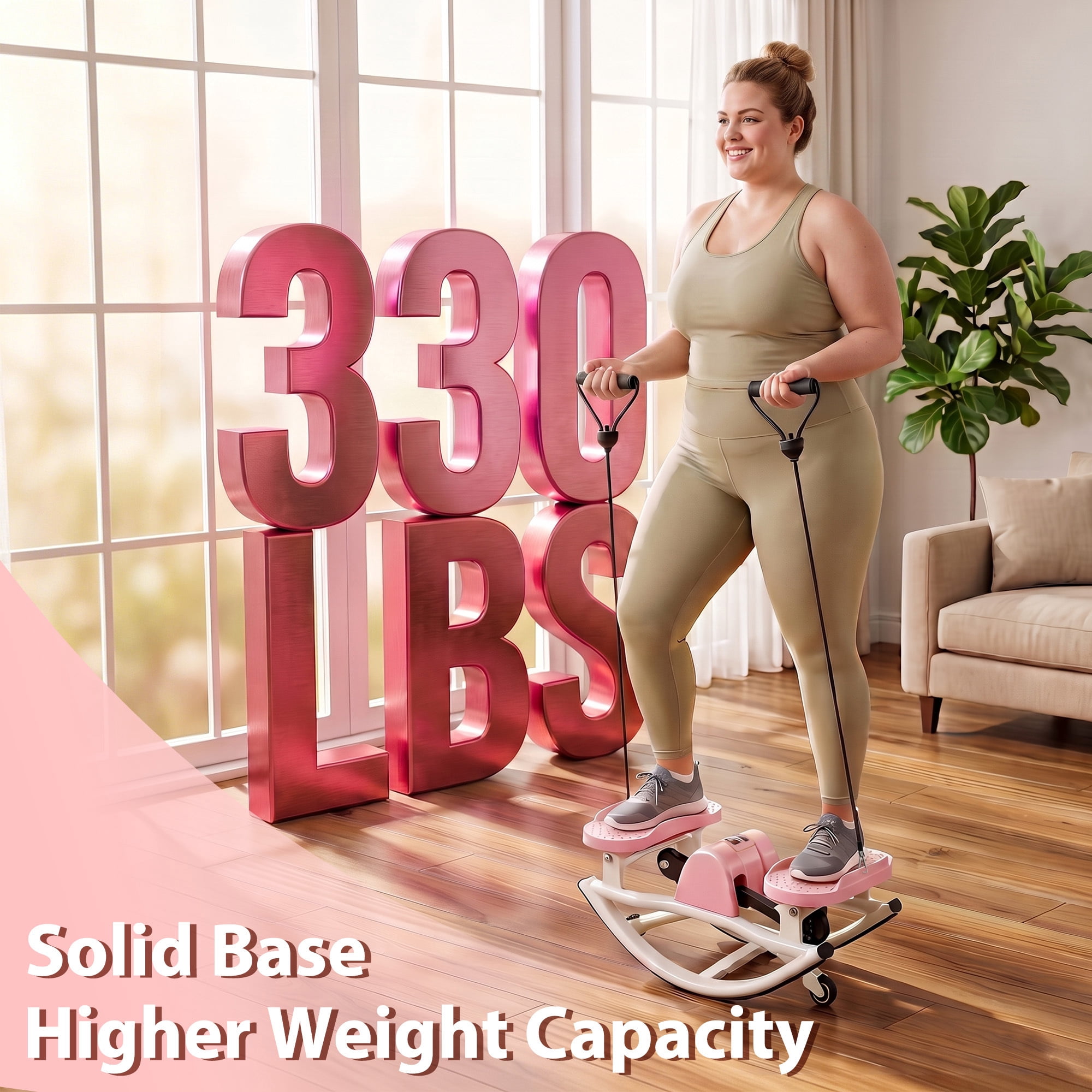 Leumius Rock Stepper for Exercise,Side-to-Side Stepper Machine with Resistance Bands & Digital Display,Foldable Mini Stepper for Home Workout,Pink