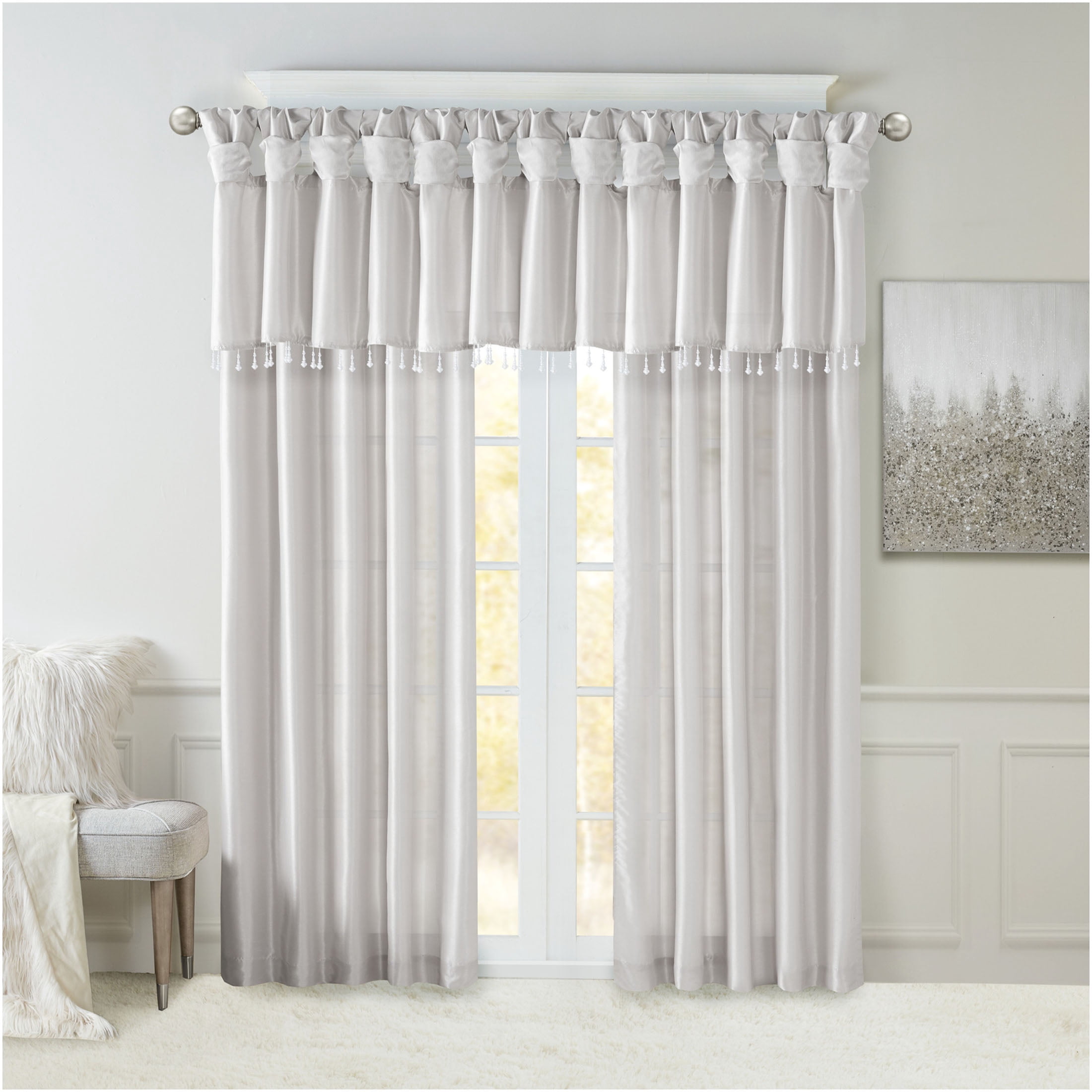 JERFIT Silver Faux Silk Window Valance with Beaded Trim, 50x26 Inch Lightweight Polyester Valance for Kitchen & Living Room