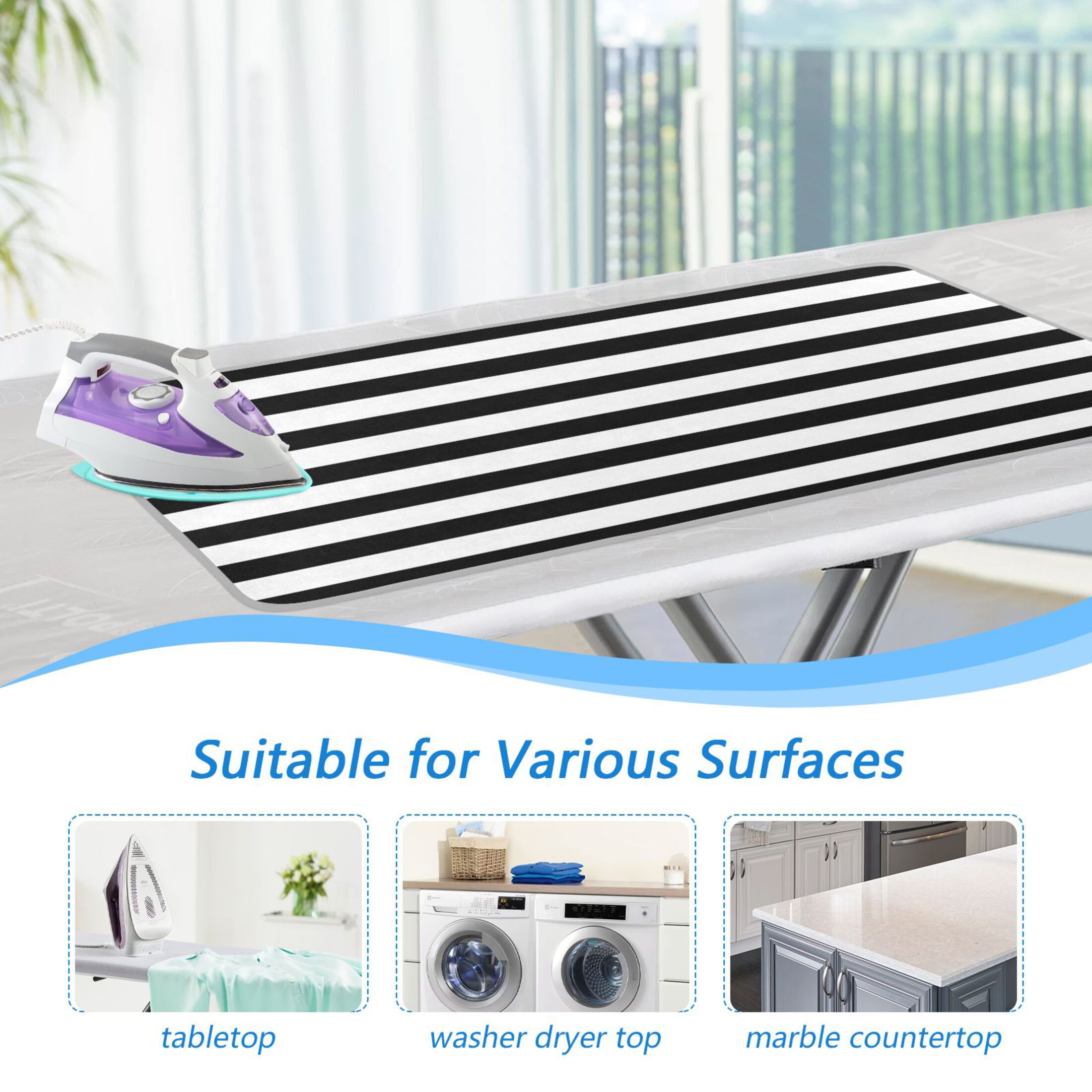 Black White Horizontal Narrow Stripes Ironing Mat Blanket Portable Travel Ironing Pad Heat Resistant Pad 47.2" x 27.6”