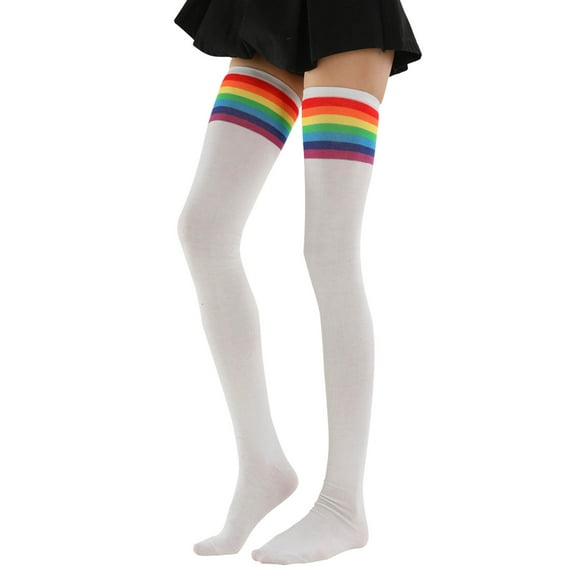IWRICH Women's Long High Thigh Socks Striped over Knee Thin Tights Long Stocking White