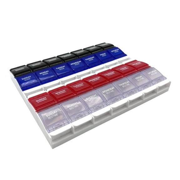 Ezy Dose Weekly (7-Day) Pill Organizer with Push Button Compartments & Multi-Color, 4 Times a Day