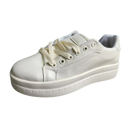 QYZEU Black Flats for Women Comfort Casual Shoes Women Winter Ladies Fashion Solid Color Leather Round Toe Lace Up Platform Casual Shoes Womens Soft Sole Sandals White 36