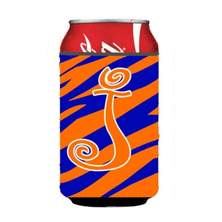 

Letter J Initial Monogram - Tiger Stripe Blue And Orange Can Or Bottle Hugger