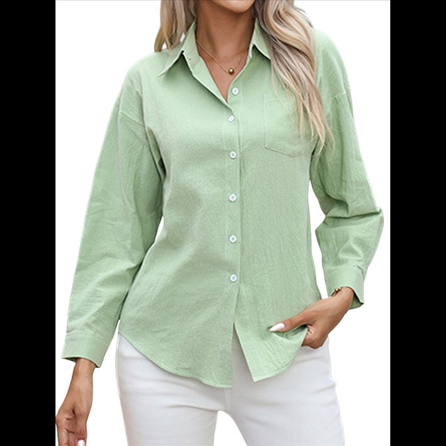 Camisas de Algodón para Mujer, con Botones, Cuello, Larga, Blusas Antiarrugas. Verde XL