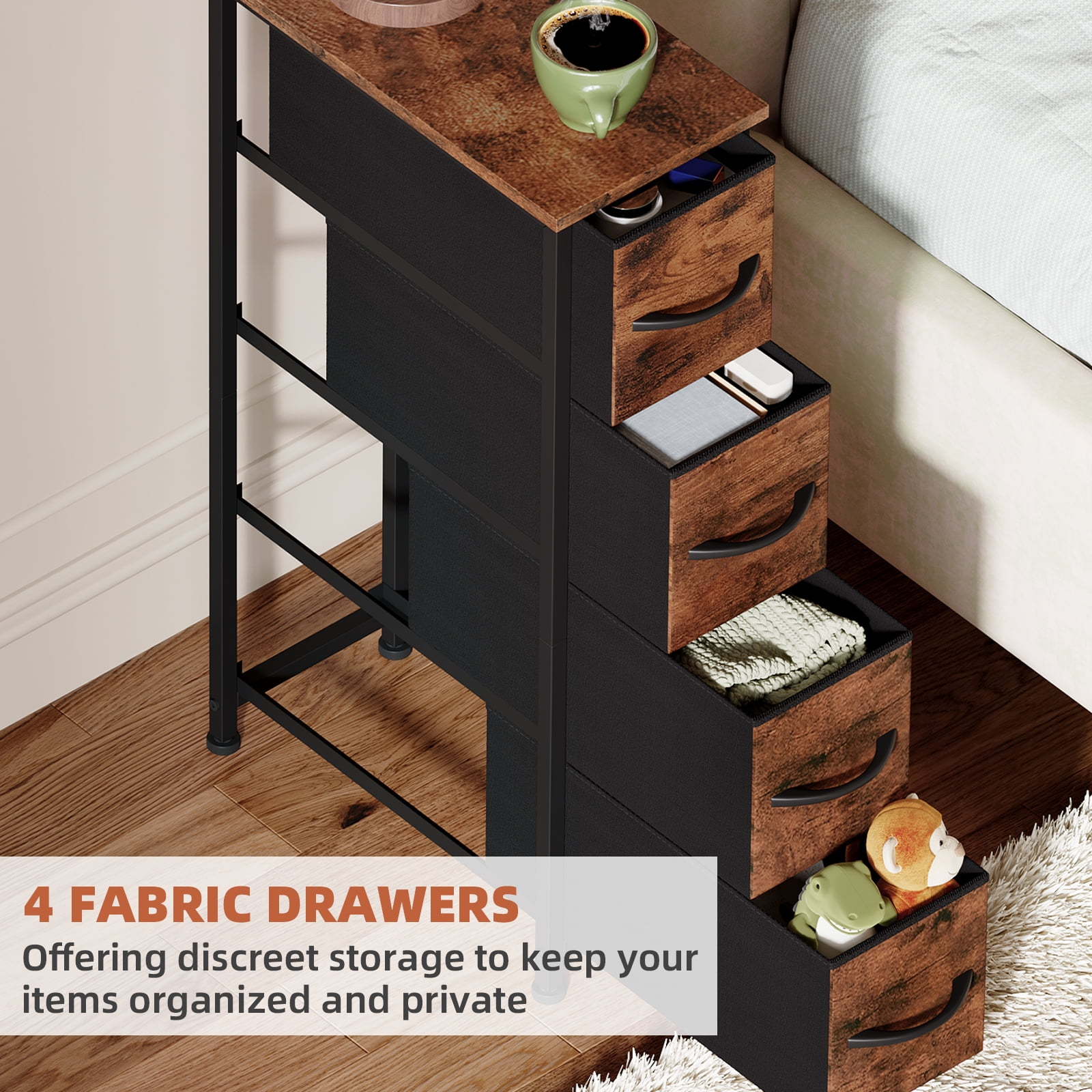 Eunos Narrow Dresser with 4 Slim Drawers for Bathroom Storage Cabinet Hallway, Wood Grain Print