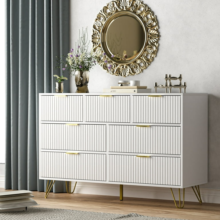 Furniway Dresser for Bedroom, White Bedroom Dresser with 7 Drawers, Modern Wide Dresser with Gold Pulls