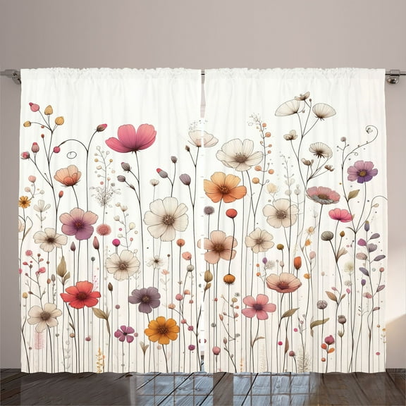 Ambesonne Floral Curtains 2 Panel Set, Thin Line Flower Meadow Art, 108" x 63", Pink Off White and Mauve