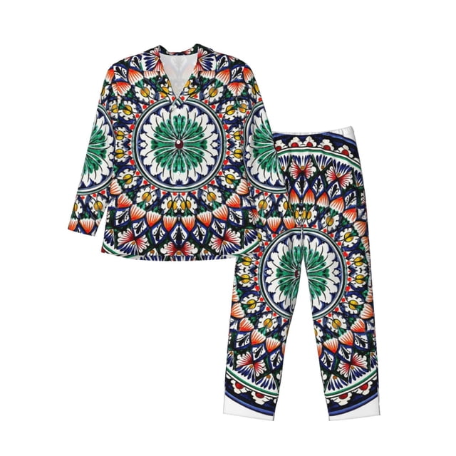 Fotbe Colorful With Blue Oriental Pijama de Hombre con Estampado de Manga Larga, Conjunto de 2 Piezas, Ropa de Dormir Suave y Cómoda con Bolsillos-Small