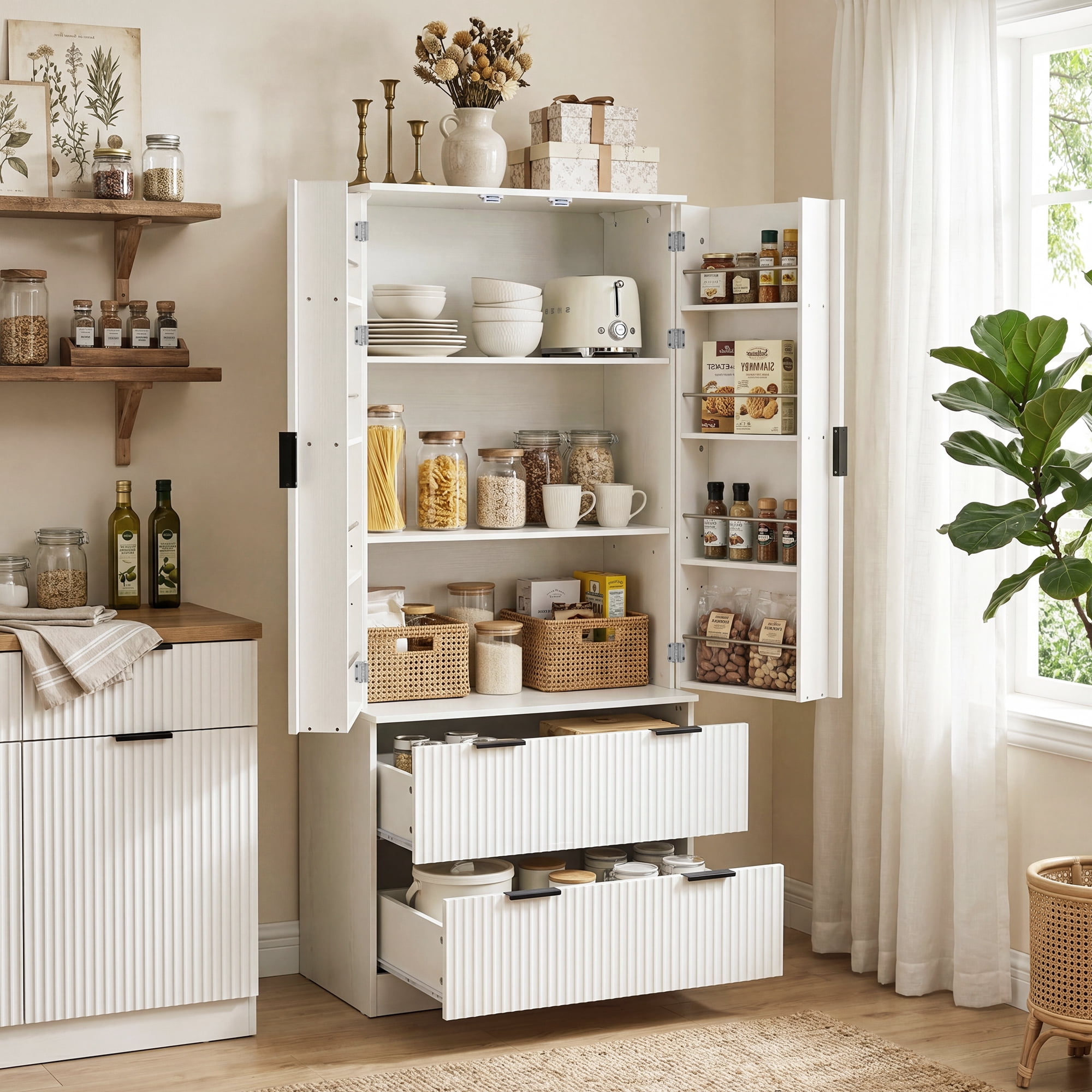 Leumius 72" Tall Kitchen Pantry Cabinet with 2 Large Drawers & 8-Door Spice Rack,Modern Freestanding Storage Organizer for Kitchen,Dining Room,Bathroom,Living Room,White