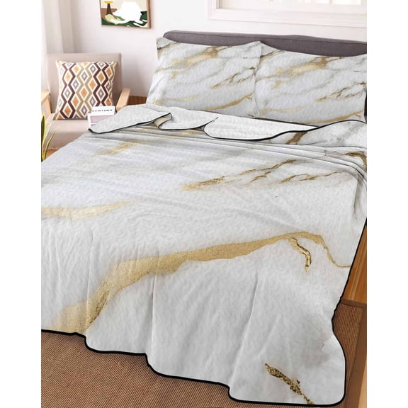 Modern White Gold Queen Size Down Alternative Comforter, Lightweight Comforter Quilt Bedding Set with Pillow Shams Abstract Marble Geometric All Seasons Bed Comforter Duvet Insert 90"x96"
