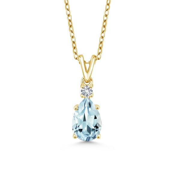 Gem Stone King 18K Yellow Gold Plated Silver Sky Blue Aquamarine and White Created Sapphire Pendant Necklace for Women (1.21 Cttw, Gemstone March Birthstone, Pear Shape 9X6MM, with 18 inch Chain)