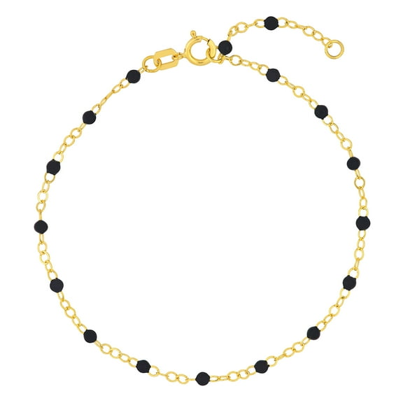 Honey Crush Real 14K Yellow Gold Black Enamel Bead on Piatto Chain Bracelet (1.7mm, 6.5-7.5in)