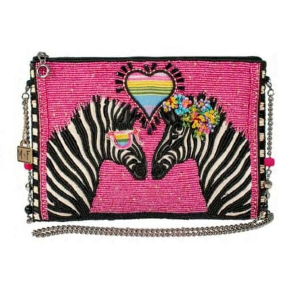 Mary Frances Smitten Beaded Zebra Love Crossbody Clutch Handbag Pink Bag New