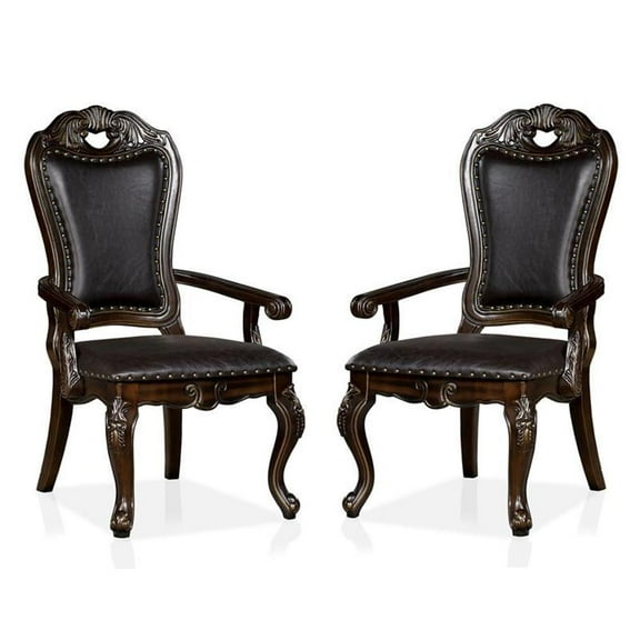 Furniture of America Lido Solid Wood Padded Arm Chair in Walnut (Set of 2)
