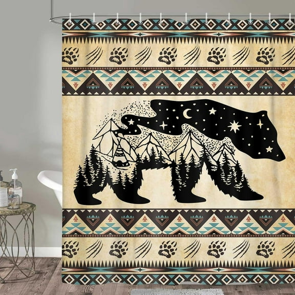 Rustic Country Bear Shower Curtains, Bath Outhouse Christmas Farmhouse Shower Curtain for Bathroom Decor Polyester Fabric Bath Curtain and Hooks