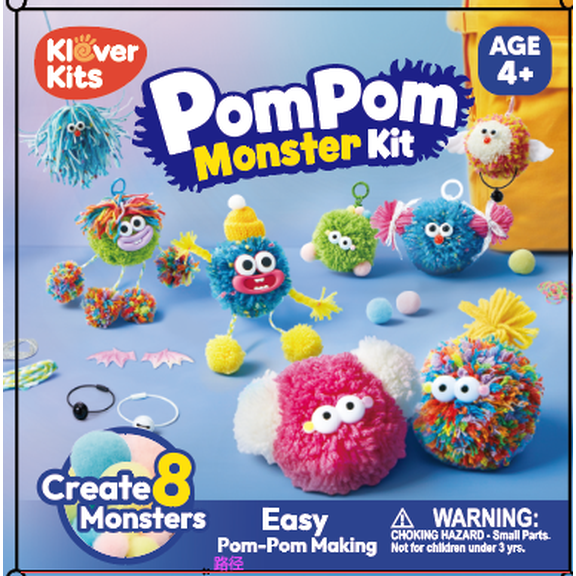 Klever Kits Pom Pom Monster Kit: DIY Plush Keychain Craft, Arts & Crafts Gift for Kids 8 , Creative Toy Birthday Gifts with Yarn for girls