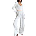 thumbnail image 3 of Traje de moda 2025 para mujer, para el hogar, para tiempo libre, de color liso, con ombligo descubierto, manga larga, pantalones y parte superior abotonada., 3 of 4