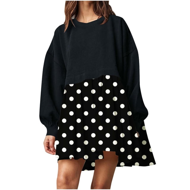 EQWLJWE Mode Femmes Décontractée Ample Col Rond Manches Longues Imprimé à Pois Ondulés Confortable Robes Imprimées Fluides Chandails en Molleton Mini Robe Robes de Retour 2023