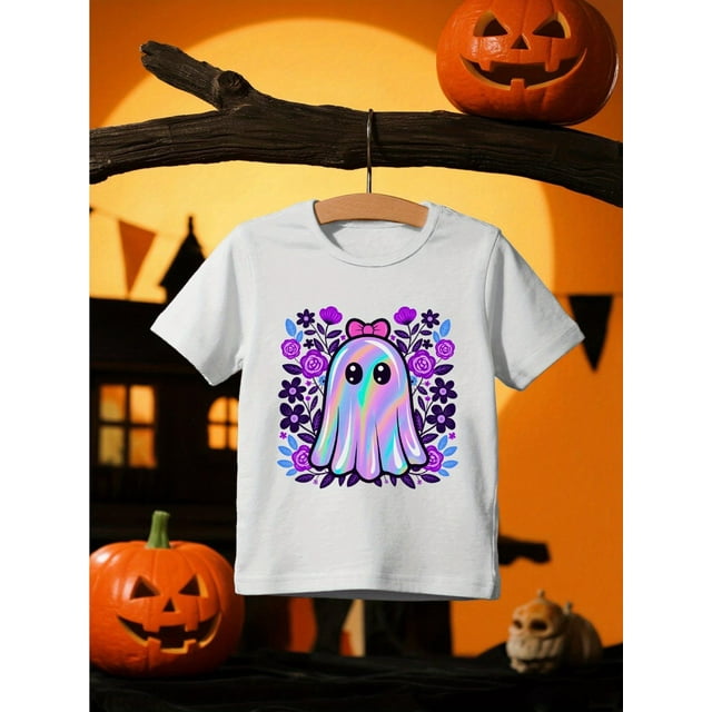 Happy Halloween Themed Cute Print Spring/Summer Girls' T-Shirt, adorable Cartoon Letter Tee for Kids, Soft Fabric Casual Round Neck Short Sleeve Knit Top, Regular Fit Fashionable Tee for Teens, Perfe