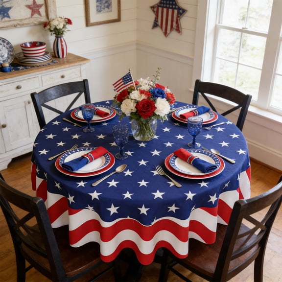250th USA Anniversary Patriotic Tablecloth, 4th of July Star Pattern Oil Stain Resistant Round Table Cover for Party and Kitchen Decor, 150cm/59.06in