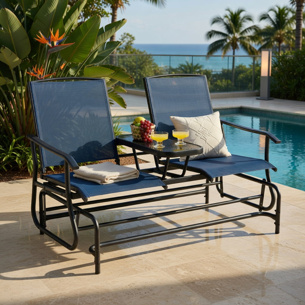 Hommoo 2-Person Outdoor Rocking Loveseat with Tempered Glass Center Table, Steel Frame & Mesh Fabric, Navy