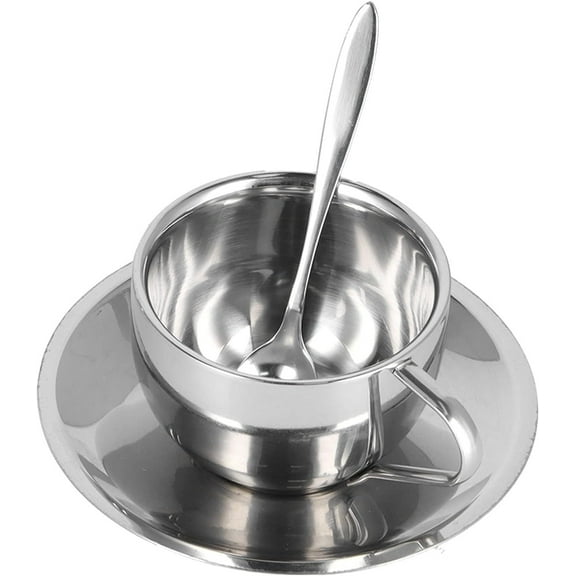 1PCS Double Walled Stainless Steel Coffee Mug, Unbreakable Mugs for Kids Camping Coffee Mugs with Handle Milk Tea Cup with Saucer Spoon Set (Milano Double Layer Suit-180ML)