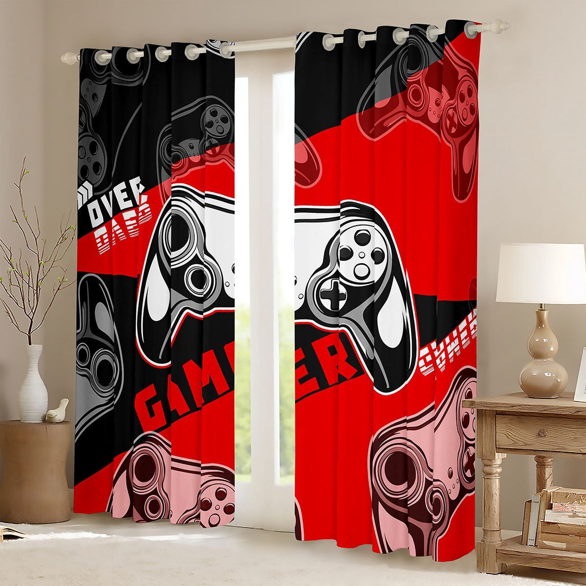 Gaming Curtains Teens Red And Black Gamer Curtains & Drapes Video Game Blackout Curtains Room Decor Window Treatments 52''Wx84''L Curtains & Drapes