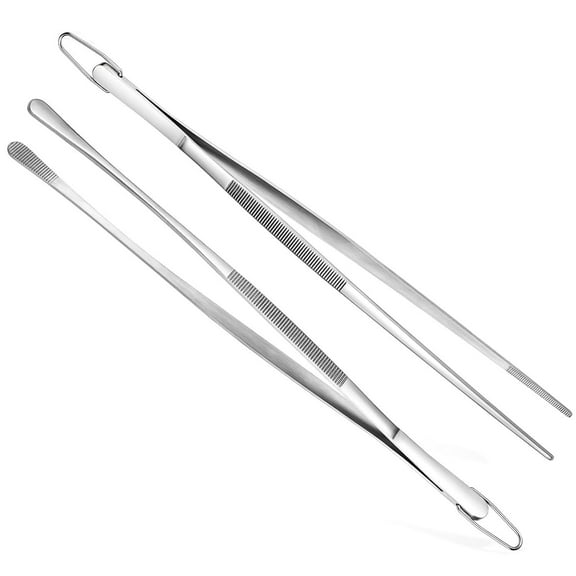 12in Cooking Tweezers Set: 18/8 Stainless Steel Food Grade Metal Kitchen Tong, Seamless-Welding Sturdy & Flexible for Serving, Grilling, Plating, Frying, BBQ, Baking, Feeding (Set of 2, Siver)