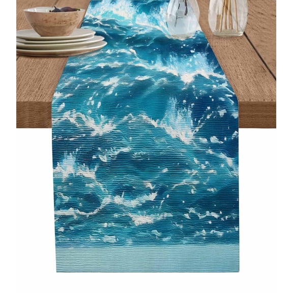 Teal Coastal Table Runner 90 Inches, Sea Nautical Ocean Summer Beach Waves Bed Runner Dresser Scarves Tabletop for Indoor Outdoor Parties/Ceremony/Banquet, 13" x 90"