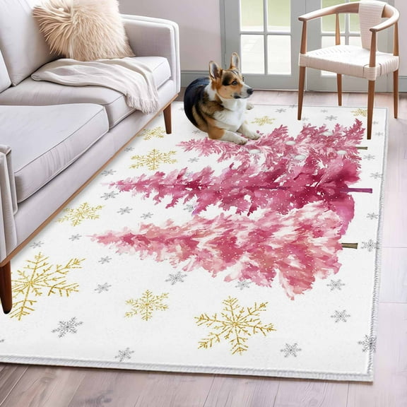 Pink Trees Christmas Area Rug 4x6 Washable Rug Non Slip Xmas Tree Snowflake Winter Large Area Rug Indoor Floor Carpet for Entryway Bedroom Kitchen Living Room Home Office Dining Room Nursery