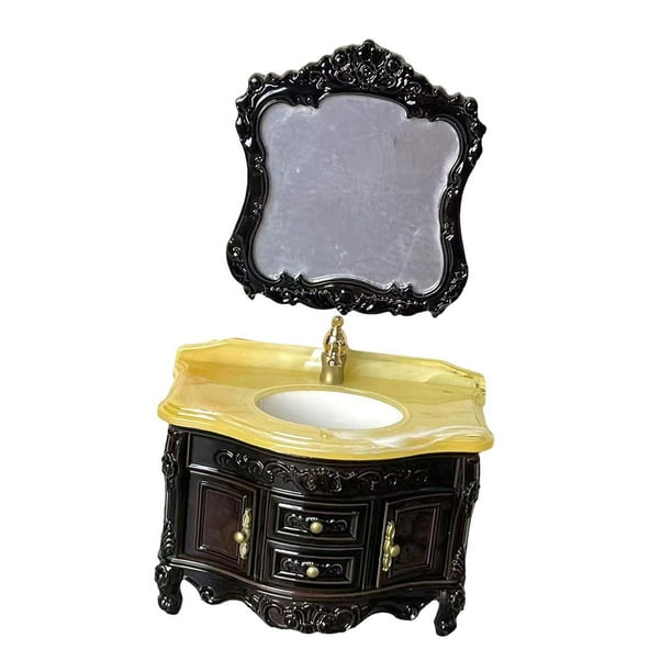 Tocador de baño para casa de muñecas, muebles en miniatura, accesorios decorativos DIY con espejo, modelo para juego de rol de micropaisaje, 1/12 negro marrón