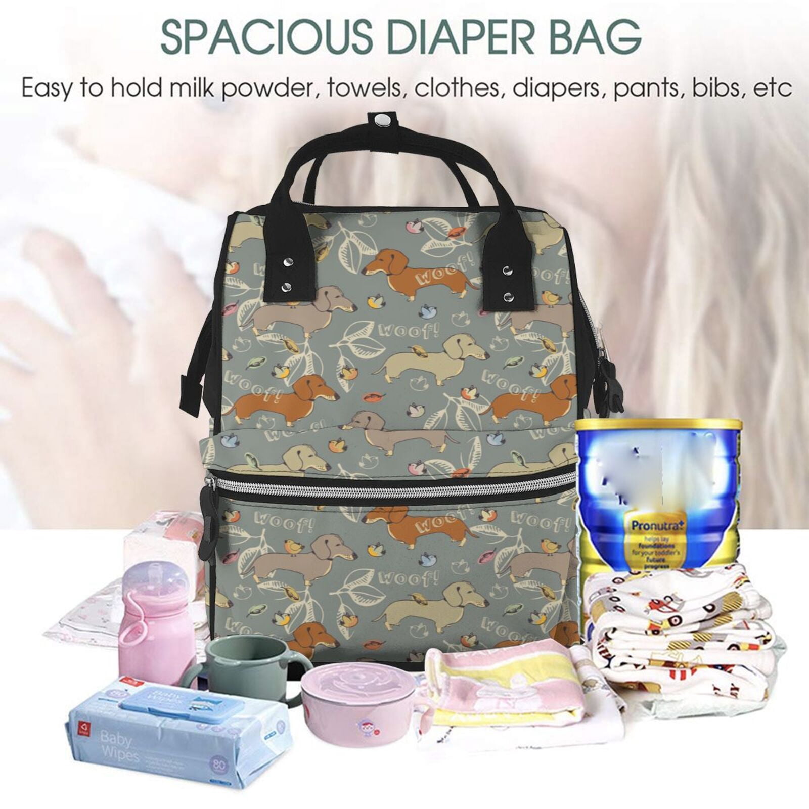 Ratiio Dachshund Dog Bird Mummy Backpack - Waterproof Twill Canvas, Large Capacity Diaper Bag with Multiple Pockets and Adjustable Straps