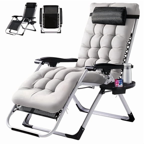Zero Gravity Outdoor Reclining Chair with Cup Holder Trays & Removable Cushion, Heavy Duty Portable Lounge Chair for Patio, Camping, Lawn & Backyard, Grey